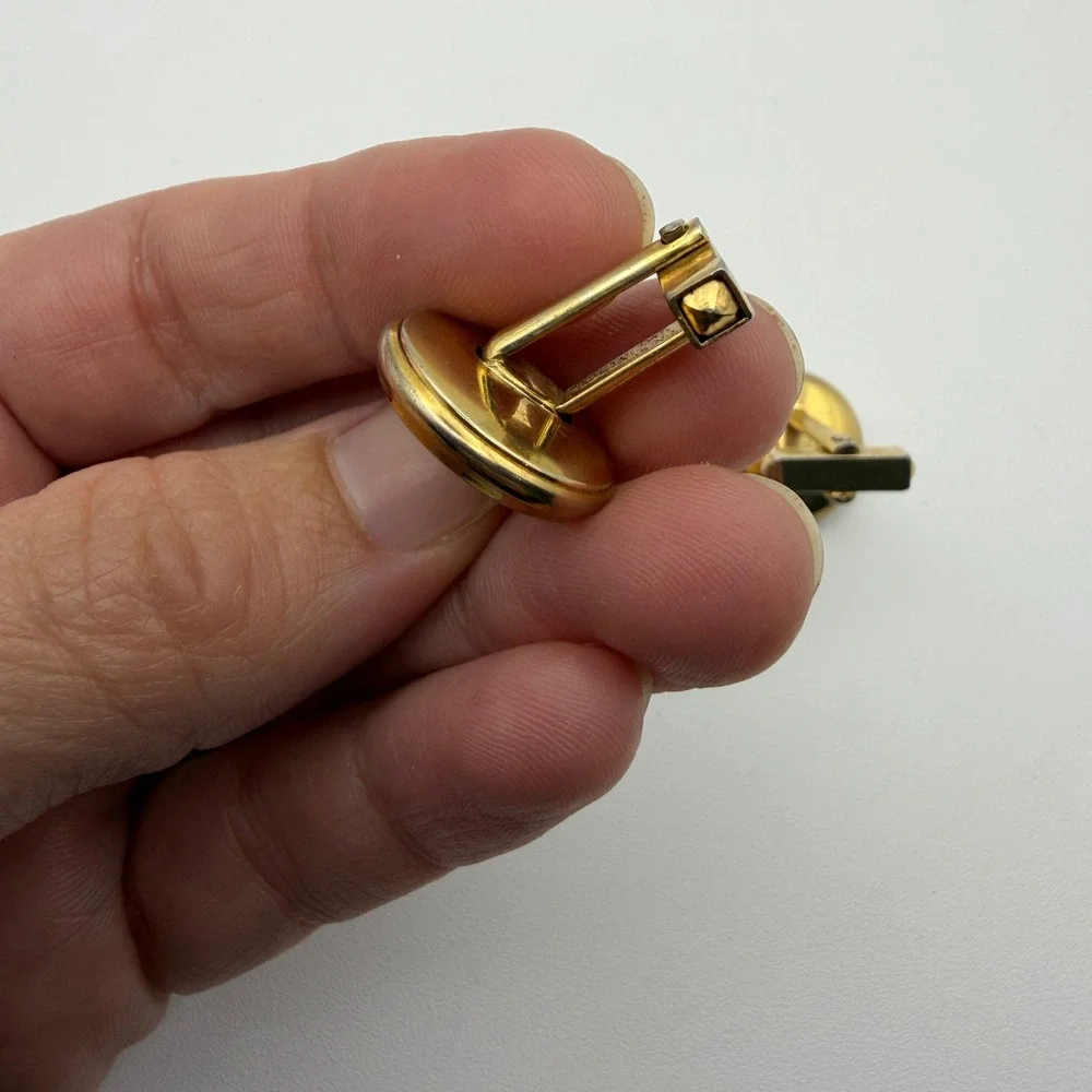 Anson Cufflinks Mens Gold tone Grey Cats Eye‎ Vintage Mid Century Round Toggle